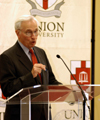 Author and theologian Millard Erickson lectured in conjunction with the Scholar-in-Residence Program this spring.  Here his lecture was entitled "Can Theology Learn Anything from History?" - Photo by Morris Abernathy