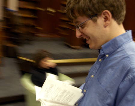 Junior Nic Pfost & Senior Ashley Mitchell run lines for the theatre's production of <i>Shadowlands</i>.