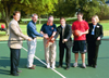 The ribbon cutting at the dedication of the Class of 2002 Basketball Court.  Pictured from left to right: Senior Vice President of Business Services Gary Carter, Court Contractor Mike Gardner, President David S. Dockery, Class of 2002 Representative Matt Thomas, Senior Class President Casey Stafford, and Dean of Students Kimberly Thornbury. - Photo by Justin Veneman