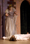 Freshman Jill Casey gasps as Sophomore Josh Wilkinson passes out in <i>The Battle of Dim Wits</i>. - Photo by Kristen Nicole Sayres