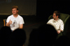 DMS major Trae Cadenhead talks about his films <i>500 Goggles</i> and <i>Within A Room Somewhere</i> with host Eric Murrell during the 2004 Student Film Festival. - Photo by Jonathan Blair