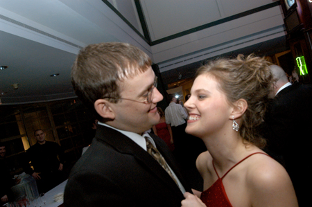 Senior Lauren Oldham smiles at her date, Senior Wayne Campbell, during the Cardinal Ball at the Brooks Museum of Art in Memphis.