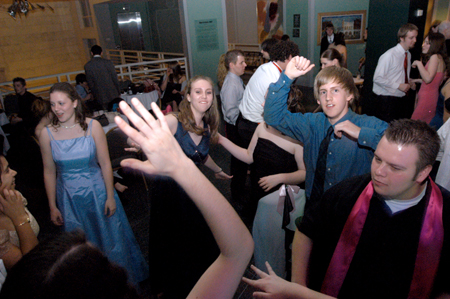 A group of students get their groove on during the Cardinal Ball at the Brooks Museum of Art in Memphis.