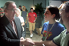08/27/05 - President Dockery welcomes Freshman Stephanny Rodriquez of Miami, Fla. & her father David shortly after the worship service during New Student Orientation.
