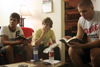 08/28/05 - Freshmen Josh Hays, Matt Elia, and Parker Shipp participate in a Bible study with their resident assistant during New Student Orientation.