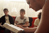 08/28/05 - Freshmen Parker Shipp (foreground), Ben Farrow, Josh Hays, and Matt Elia participate in a Bible study with their resident assistant during New Student Orientation.
