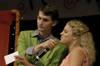 Sophomore Ronald Long interviews Jessikah Stahl at the SAC Game Show during New Student Orientation. - Photo by Kathleen Murray