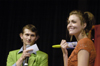 Lindsey Gaines looks to the crowd for an answer for Sophomore Ronald Long at the SAC Game Show during New Student Orientation. - Photo by Kathleen Murray