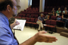 Mike Penny, associate professor of music, and David Burke, director of theatre, address their cast at the first rehearsal for Union's next children's show, <i>Hansel & Gretel</i>. - Photo by Kathleen Murray