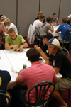 During rush week, rushees dine with members of
the SAE fraternity, including junior Brett Jenkins (bottom right). - Photo by Brad Moore