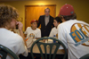 08/29/05 - President Dockery visits with Elizabeth Walker of Louisville, Ky. and friends at the Ice Cream Social during New Student Orientation.