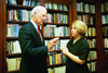 10/1/02 - Associate professor of political science, Dr. Ann Livingston, gets a chance to question James Baker prior to the Scholarship Banquet.