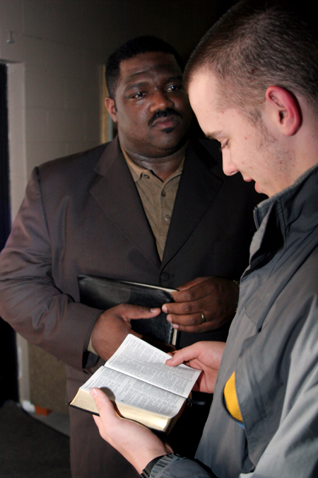 David Wickiser gets a chance to speak with Voddie Baucham after a session in Hurt Commons.