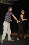 Sophomores Kyle Rains and Catherine Schulz play an improv game during Cafe Bongo. - Photo by Brad Moore