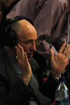 Steve Beverly, associate professor of communication arts, does play-by-play analysis for Bulldog basketball games that are aired on JEA's cable system. - Photo by Heather Phillips