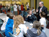 08/29/05 - President Dockery fellowships with Brad Spencer and a group of freshmen at the Ice Cream Social during New Student Orientation.