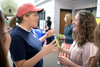 Amanda Pennington talks with fellow social work major Kathleen Lokey during Social Work Awareness Day. - Photo by Kyle Kurlick