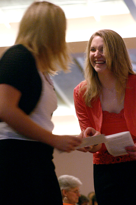 Jennifer Hamman (right) presents Beth McDowell with The Kappa Delta Memorial Scholarship during the Awards Day ceremony.
