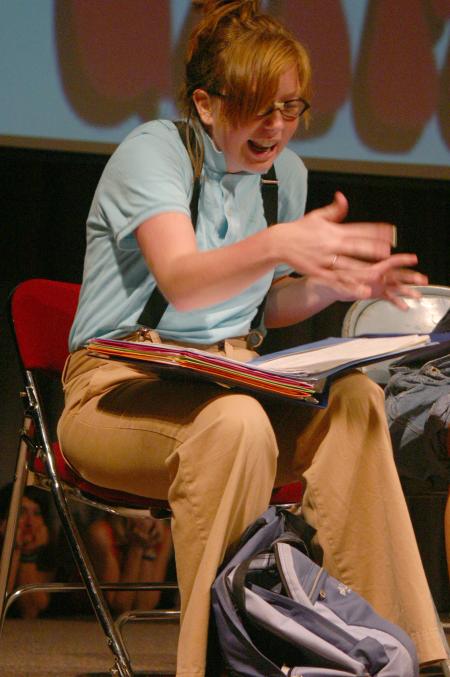 Bethany Hobbs plays a geeky contestant on the Dating Game during the Focus Show.