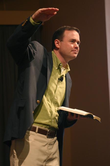 Todd Brady, minister to the university, speaks to students during a recent chapel.