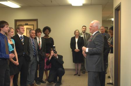 Winston Churchill meets with a group of students before speaking at the Tenth Annual Scholarship Banquet.