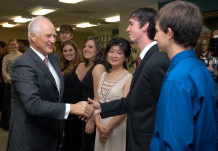Winston Churchill greets Union senior Andy Robinette and other Union students upon his arrival on campus.