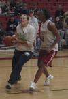 11/306/06 - Freshman Leeanne Foster goes up against Lady Bulldog Ena Daniels at the Joes vs. Pros event during Homecoming.