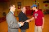 President Dockery and SGA President Landon Preston congratulate Shane Shaddix of the Class of 2010 who finished second in the President's Cup Homecoming competition.
 - Photo by Morris Abernathy