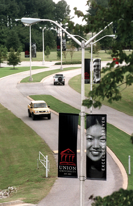 New banners featuring students and the university's guiding principles decorated the campus during the fall of 2002. 