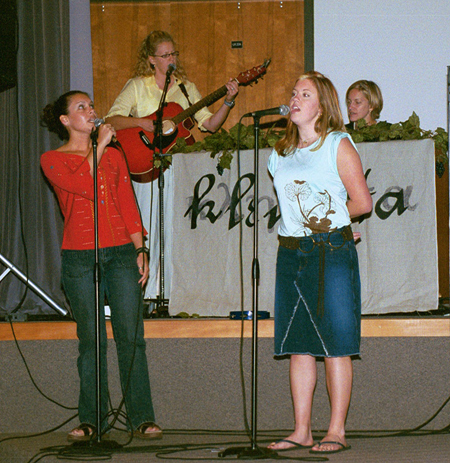 During Klemata meetings time is devoted to praise and worship.  Pictured here leading in worship is (left to right) Mary Woodard, senior psychology major; Katie Woodruff, Women's Basketball's Assistant Coach; Lauren Webb, junior chemistry major; Cindy Harrill, sophomore management major.