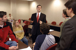 10/17/2002 - Greg Thornbury, assistant professor of Christian studies and director of the Carl F.H. Henry Center for Christian Leadership, emphasizes the importance of understanding worldview to his students. (ID: 699)