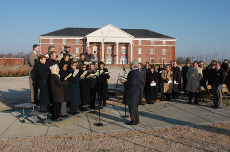 The Faculty and Staff Ensemble, conducted by Richard Joiner, sings <i>This is My Father's World</i> at the groundbreaking for the Roy L. White Science Building.