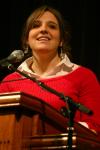 Kelly Northam talks with students about her GO Trip to North Africa during chapel. - Photo by Stephanie Schroeder