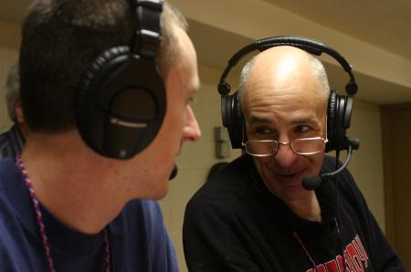 Senior David Roach and Broadcasting Professor Steve Beverly call a Union basketball game.