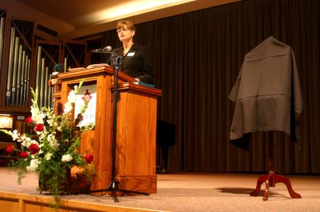 Provost Carla Sanderson presented a tribute to Kyle L. Hathcox during his memorial service.