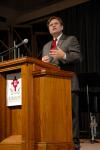 Gene Fant, dean of the college of arts and sciences, addresses the university in a Wednesday morning chapel. - Photo by Matt Elia