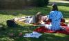 Sarah Brubaker and Hannah Williams sit outside with some friends as they enjoy the last few days of warm weather before the fall season comes. - Photo by Stephanie Schroeder