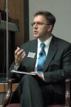 Justin Barnard, director of the Carl F.H. Henry Center for Christian Leadership, discusses the Jena Six case during a forum held in Harvey Hall. - Photo by Matthew Diggs