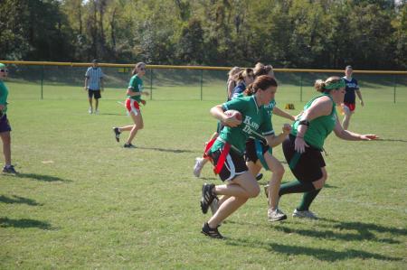 Kappa Delta moves down the field against Zeta in an intramural flag football game. 