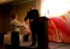 Brian Burns, senior DMS major, recieves an award at the annual Addy awards held at the DoubleTree hotel. - Photo by Kristi McMurry
