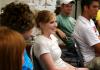 Elaura Highfield, Courtney Burton, Jeff Maharrey, and Zach Karshenas talk and laugh in their first Focus group meeting. - Photo by Kristi McMurry