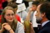 Hal Poe, Christian studies professor, talks with Liana Saffel at the dinner with your department event during new student orientation. - Photo by Kristi McMurry