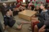 Several Union students cram into the commons on Thursday to seek shelter from the rain while waiting to help with Freshman move-in.  - Photo by Beth Spain