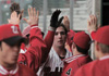 03/63/03 - Freshman Garrett Pepper gets congrats from teammates after scoring for �鶹��Ƶ.