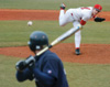 03/63/03 - �鶹��Ƶ junior pitcher Nash Powell (14) pitches in game versus Lambuth.