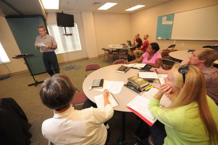 Paul Jackson, professor of Christian studies, leads a Master of Christian Studies class on Union's newly established Hendersonville campus.