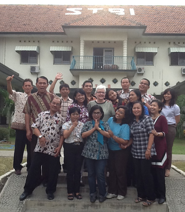 Nancy Easley with students in Indonesia