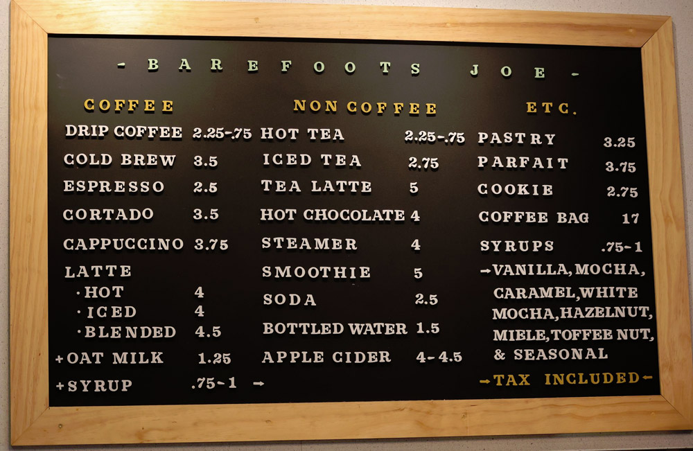 The Barefoots Joe menu as of Spring 2022
