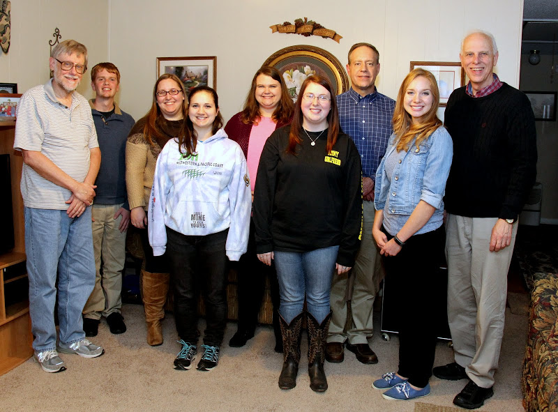 Participants at the Rutledge Honorary History Club's pizza party at Dr. Terry Lindley's home stand together for a photo. They are: (left to right) Dr. Terry Lindley, Gideon Ragland, Hannah Conway, Lydia Black, Jessica Barton, Kathryn Mitchell, Dr. Henry Allen, Ali Renckens, and Dr. Stephen Carls.
