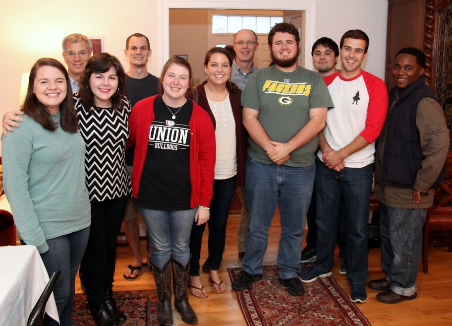 Attendees at the Phi Alpha Theta Best Chapter Award pizza party take time for a photo at the beginning of the event on October 16, 2015. They are: (left to right) Jordan Sellers, Dr. David Thomas, Priscilla Porter, Johnmark Hetrick, Kathryn Mitchell, Emily Littleton, Robert Briley, Nicholas Hancock, Ashton Hostetler, Allen Bradley, and Trae Hall.